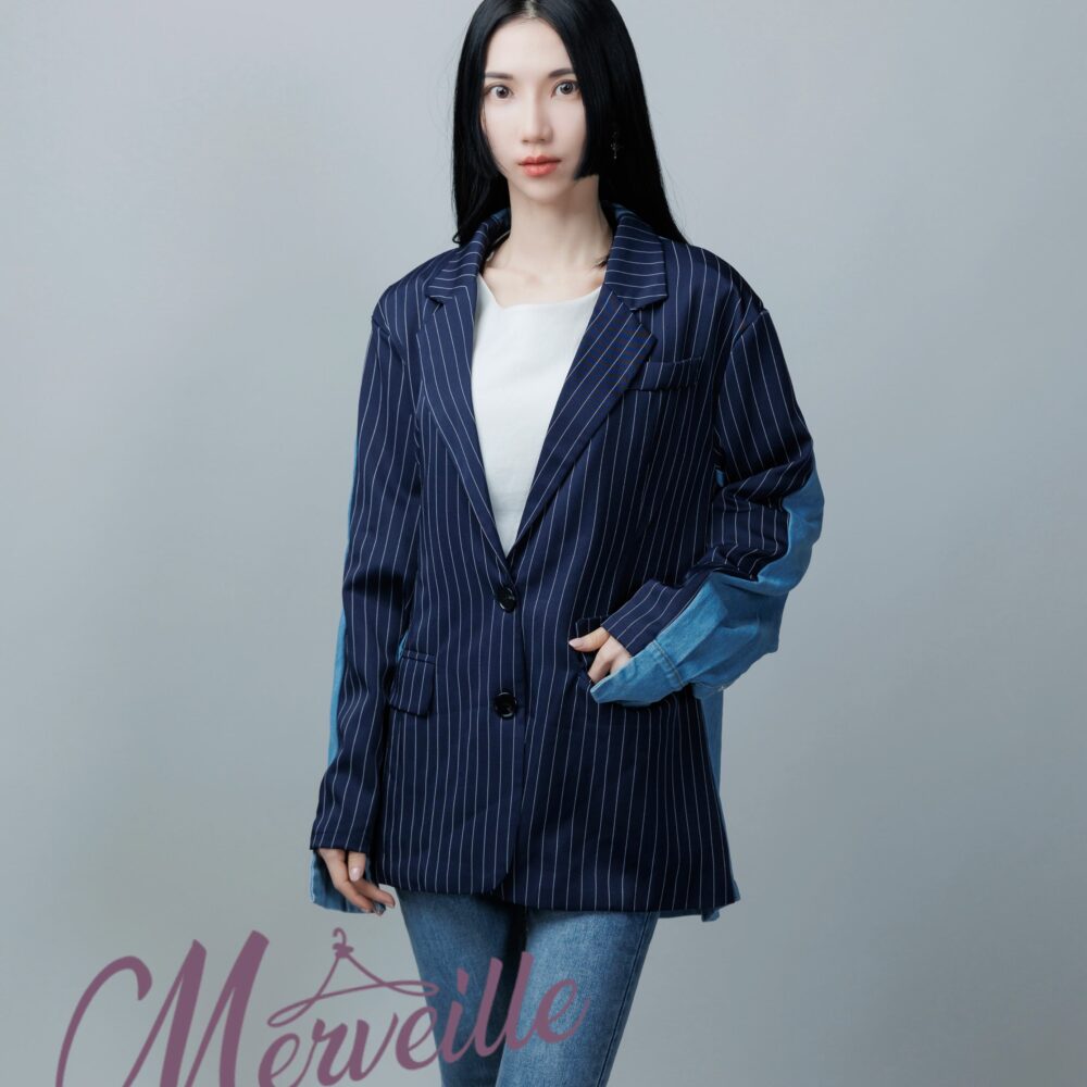 韓版牛仔拼接條紋外套